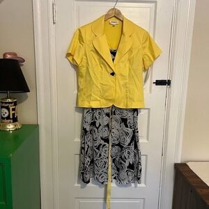 STUDIO I Two Piece Dress Set Black Floral Dress Yellow Jacket 14